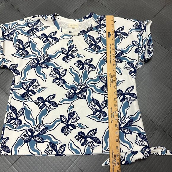 MELLODAY WOMENS BLUE FLORAL BLOUSE SHORT SLEEVE SIZE LARGE - Picture 4 of 6